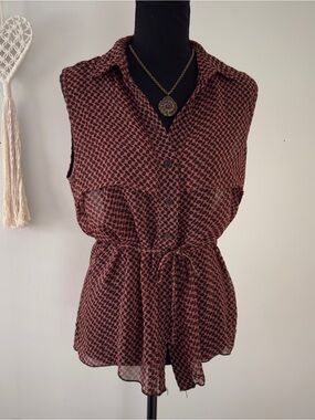 Sleeveless Tie-Waist checkered semi sheer Blouse - Brown/Rust